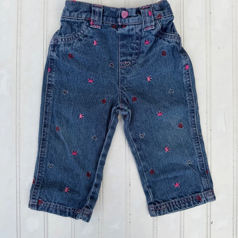 Y2k Arizona Jean Company Baby Girls 12M Denim Heart Crown Embroidered Jeans